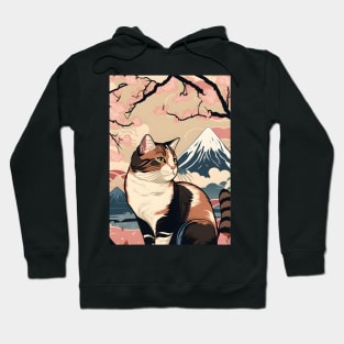 Cat Cherry Blossom Mount Fuji in a Vintage Japanese Art Style Hoodie